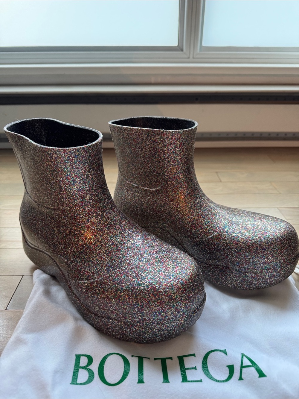 Bottega Veneta Women Glitter Platform Rain Boots in Multicolor Sparkle